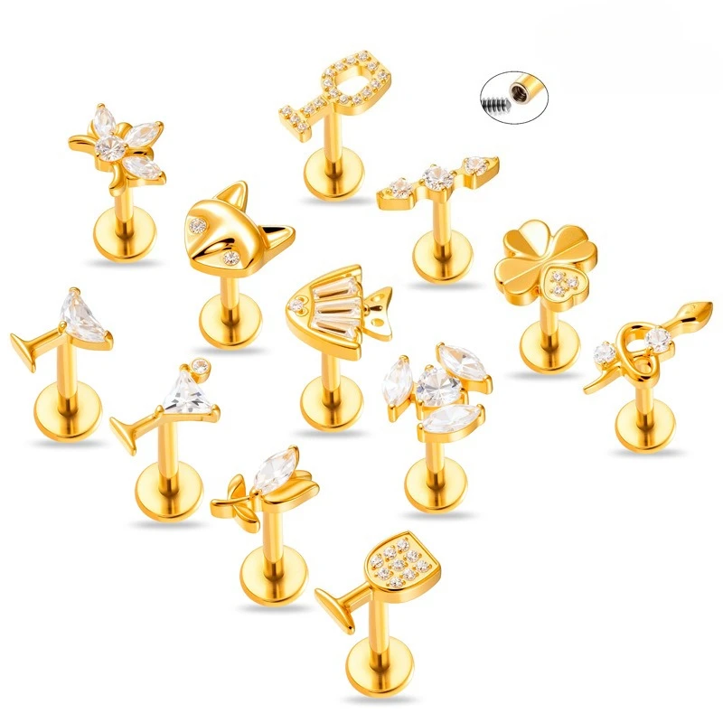 European Ins Style Fashion Titanium Internal Screw Flat Post Labret Stud Funny Animal Flower CZ Helix Cartilage Piercing Jewelry