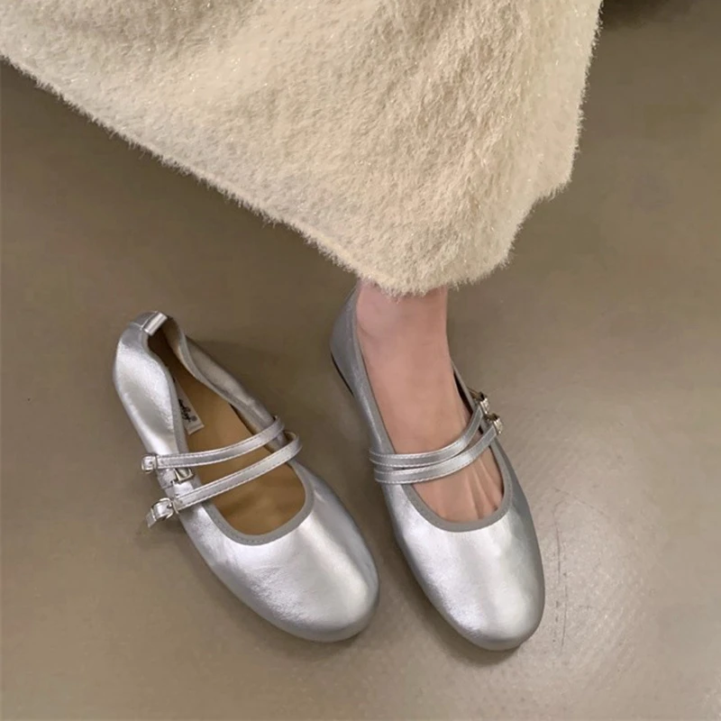 

SUOJIALUN 2025 New Flat Heel Women Boat Shoes Fashion Round Toe Shallow Ladies Elegant Mary Jane Shoes Soft Heel Single Shoes