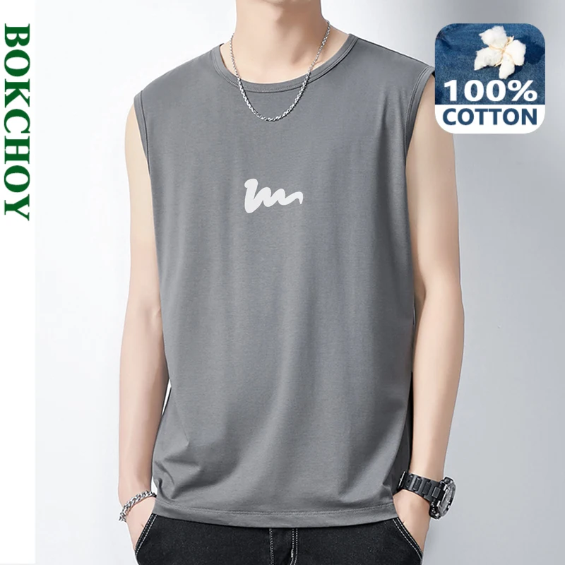 2024 Summer New Men Vest Thin Cool Soft Cotton Art Brush Line Printing Wide Shoulder Sleeveless T-shirt Tank Tops Tees BOKV116