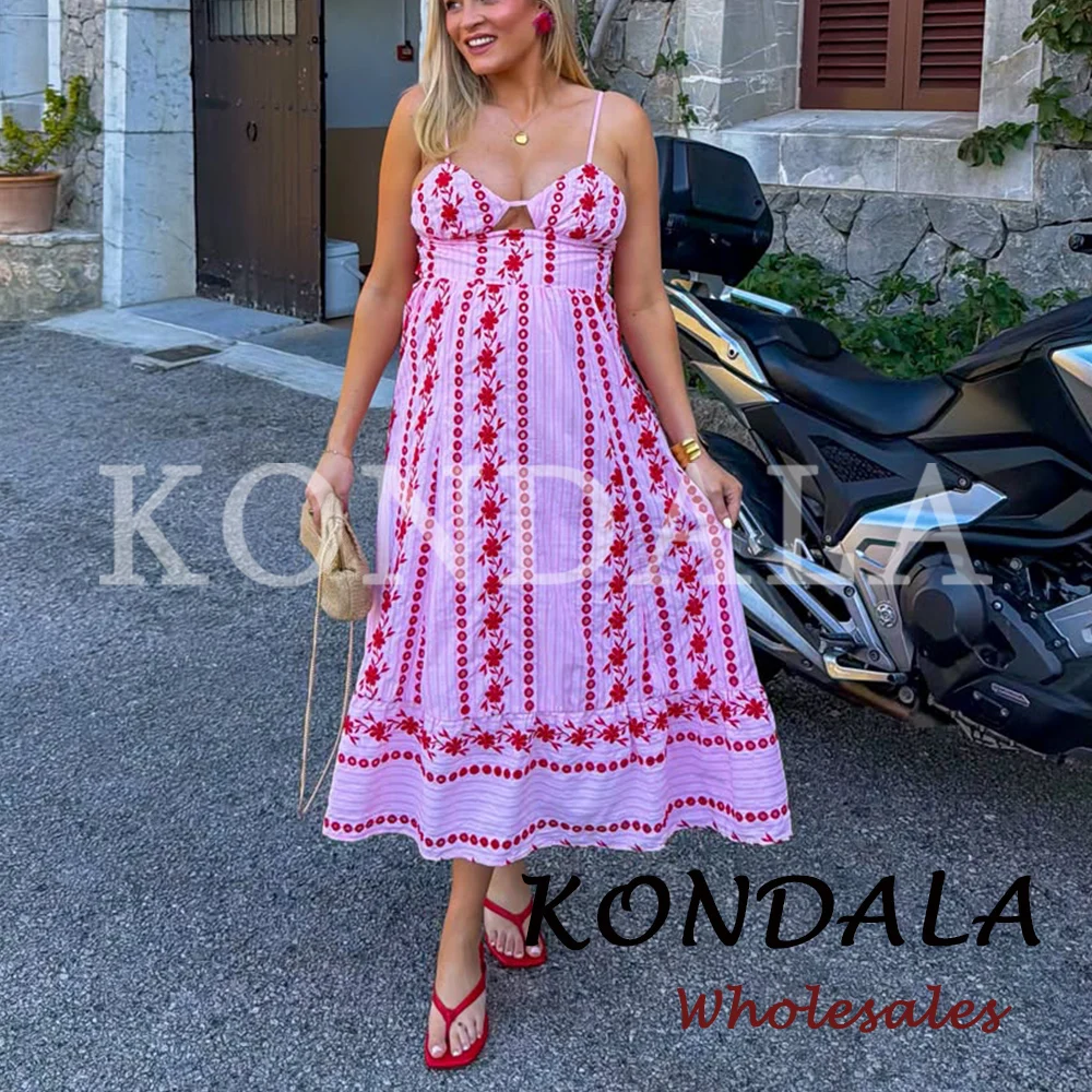 KONDALA Embroidery Pink Sexy Hollowed Out Vintage Midi Woman Cami Summer Dress Fashion 2026 Lace-up Dress Holiday Beach Vestidos
