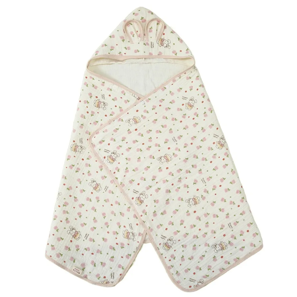 

Bear Printed Infant Hooded Towel Wrap Blanket Single Layer Cloak Pure Cotton Gauze Breathable Material Soft Texture