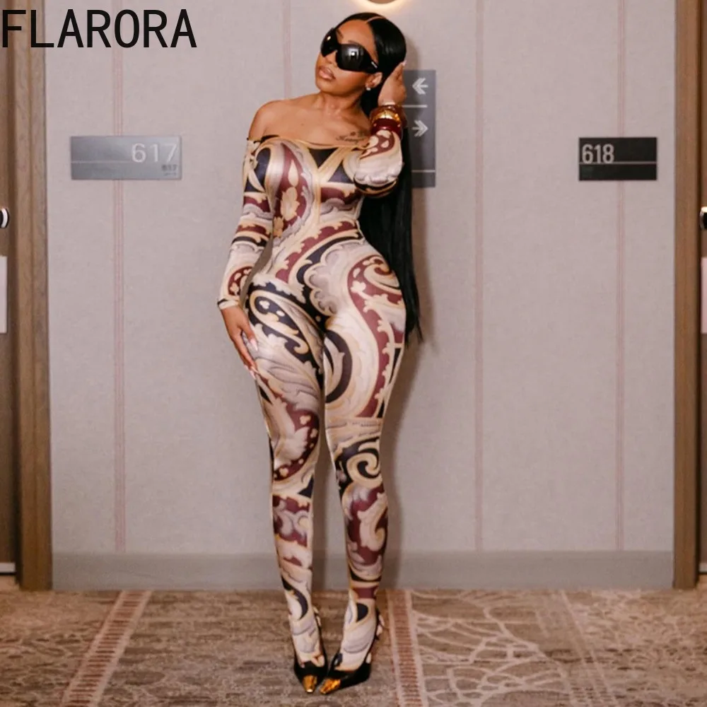 

FLARORA Fashion Colorful Print Bodycon Jumpsuits Woman Strapless Off Shoulder Long Sleeve One Piece Overalls Sexy Party Clubwear