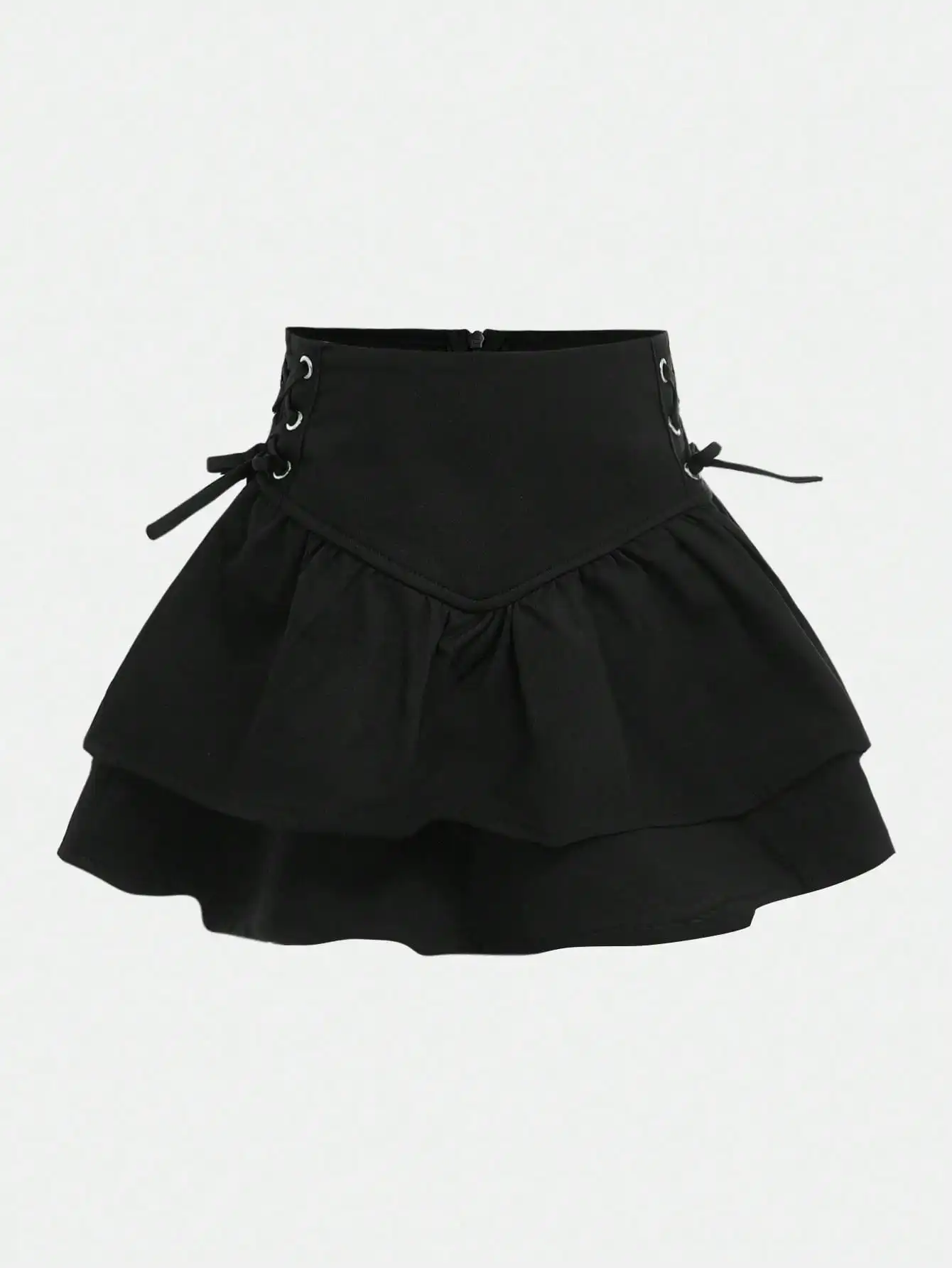 

Black Double-Layered Ruffle Skirt with Side Lace-Up Waistband for Girls