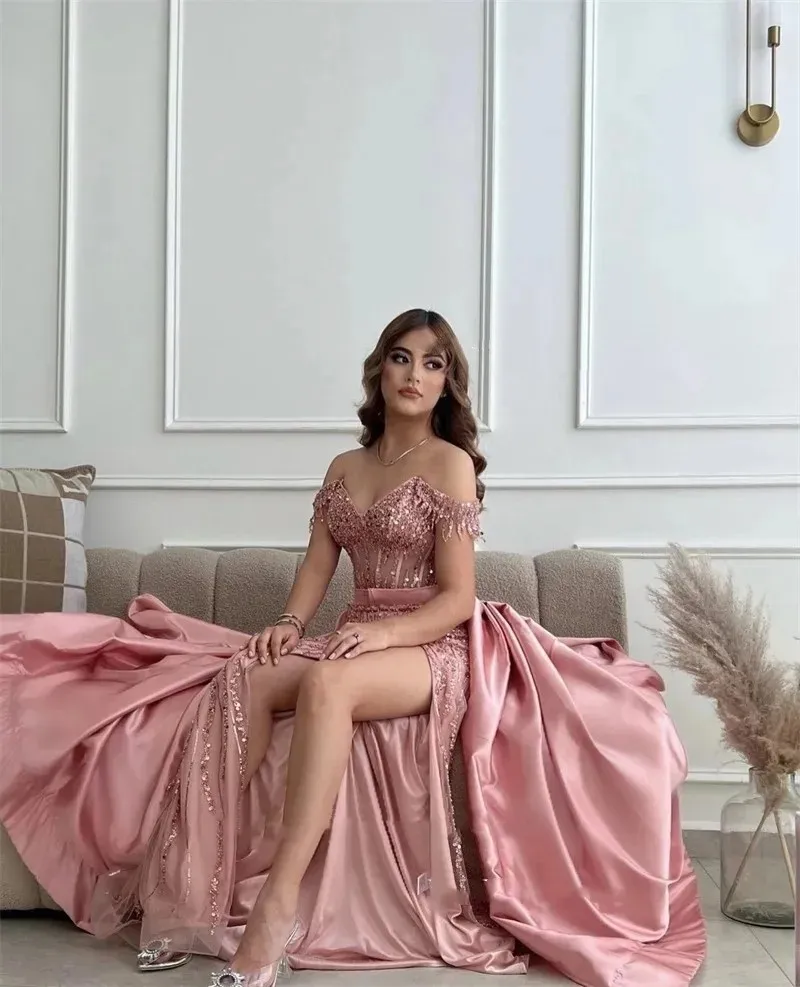 

Flora Dress Pink Satin Off Shoulder Sweetheart A-Line Porm Dresses Applique Side Slit Arab Dubai Elegant Evening Gown 2023