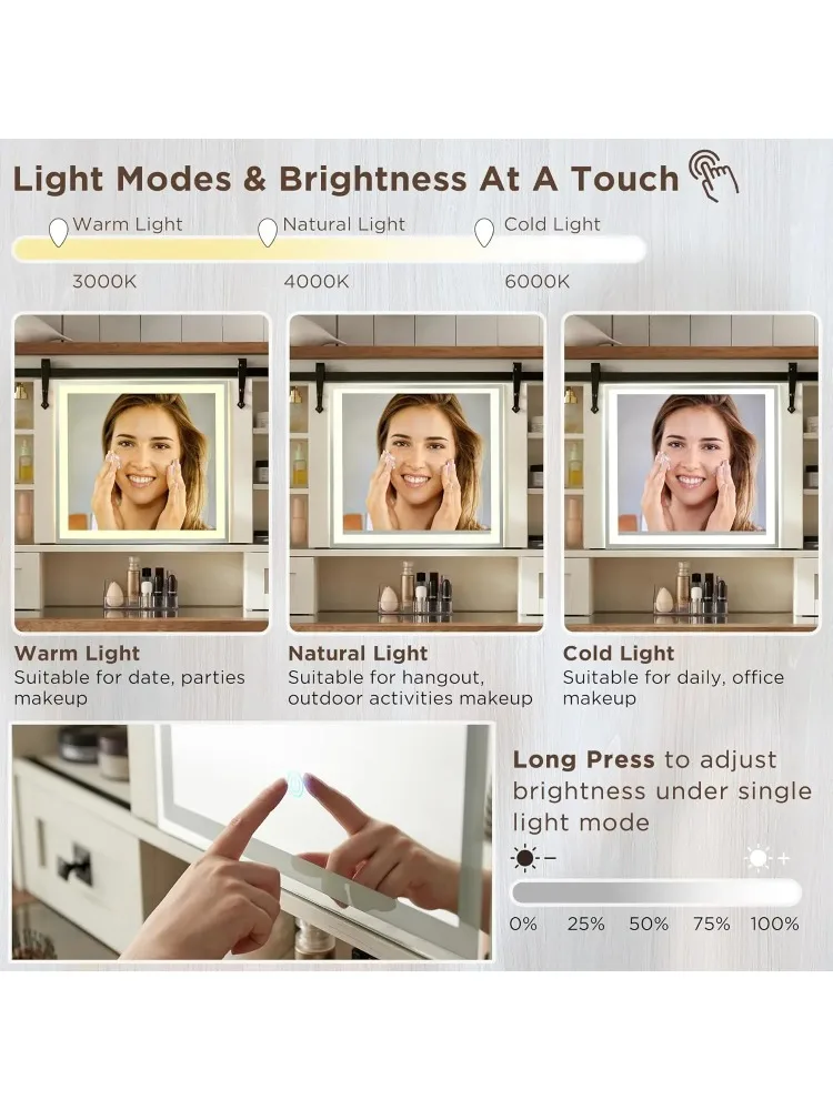 42-дюймовый туалетный столик в стиле фермерского дома с раздвижным зеркалом, подсветкой и местом для хранения макияжа