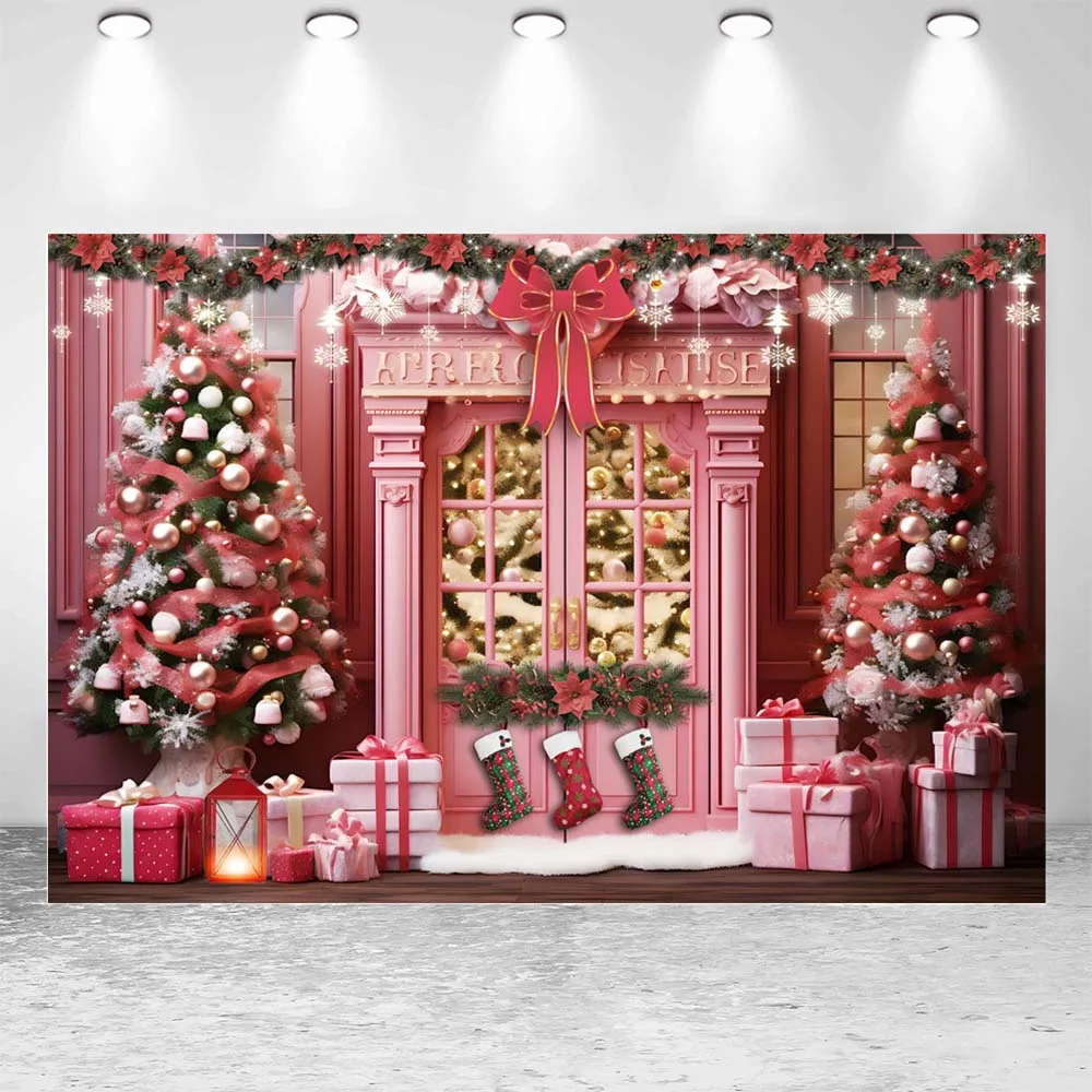 Mocsicka boże narodzenie tło różowy dom choinka pudełko na prezenty płatka śniegu dziewczyna portret tło wesołego wystrój na święta bożego narodzenia Studio