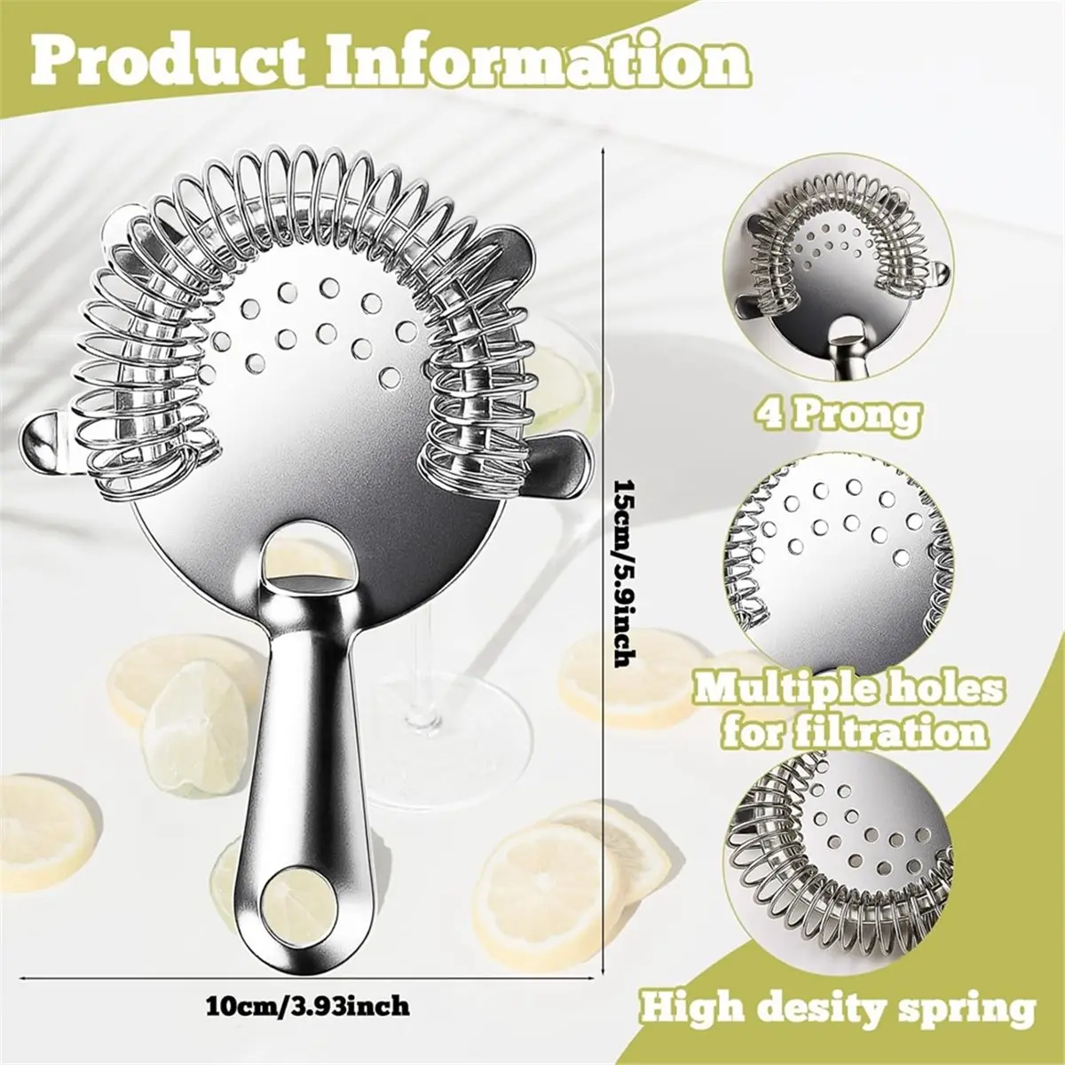 Oct Sale 9 Pack Cocktail Strainer, 4 Prong Stainless Steel Bar Strainer, 6 Inches Silver Bar Tool Drink Strainer for Bartenders