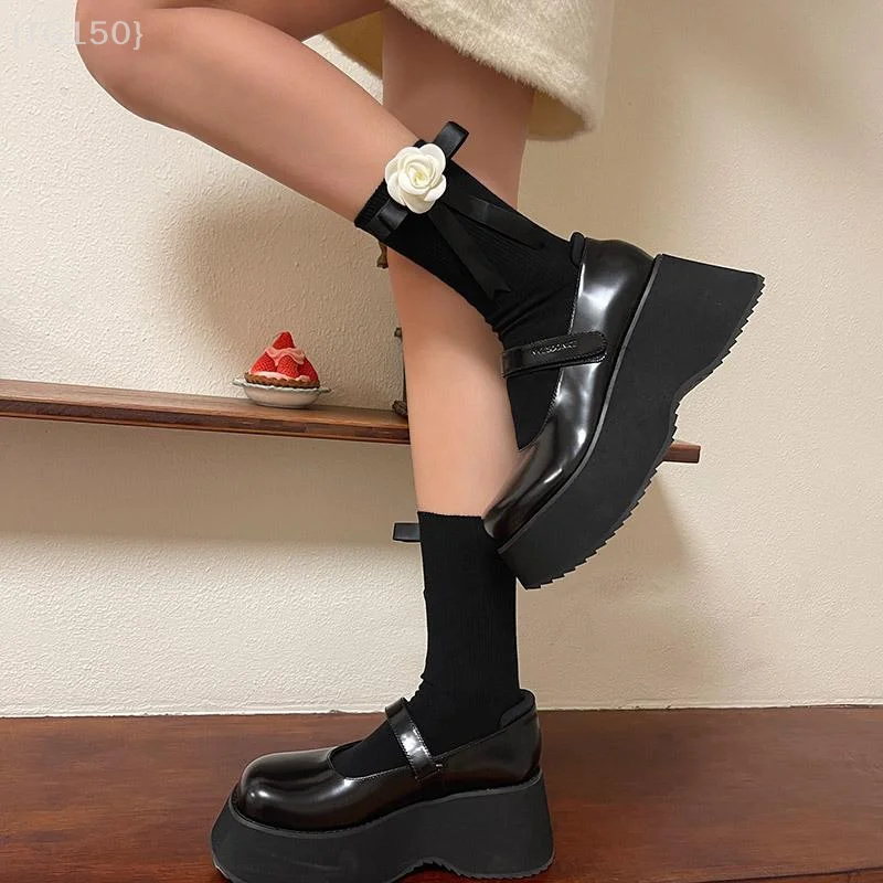 Calzini con cravatta a fiore di camelia 3D - Design a tubo centrale con fiocco Lolita JK per balletto estivo e moda Y2K