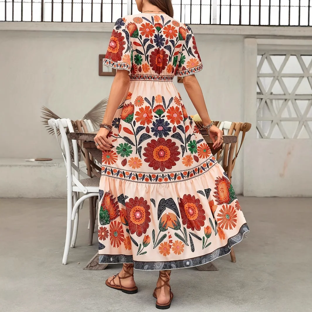 2025 여름 보헤미안 크로스넥 반팔 맥시 드레스 (여성용, 허리 조절 가능, 플로럴 프린트, 루즈핏, 휴가룩)