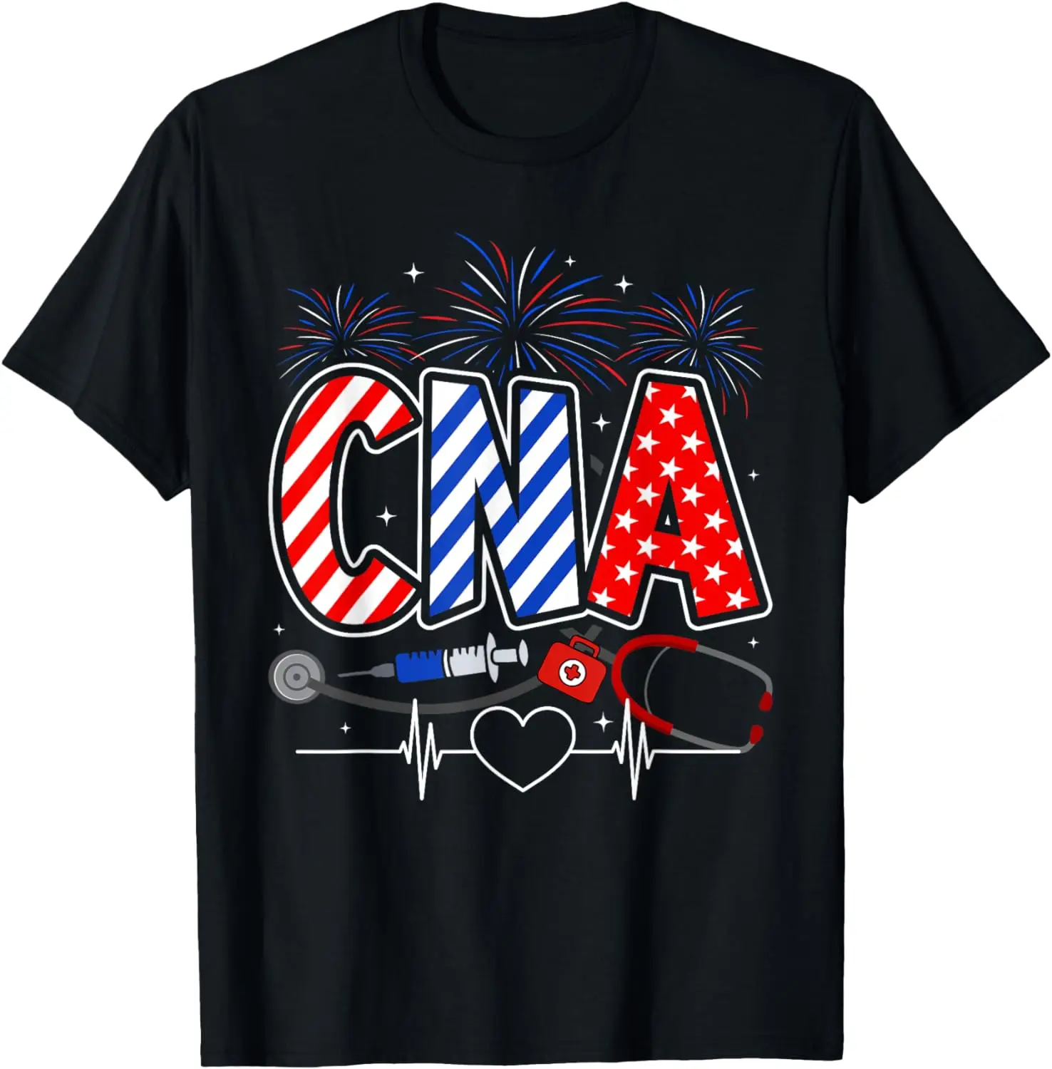 

CNA 4th of July American Flag Patriotic USA Stethoscope T-Shirt