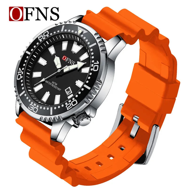 

OFNS8032 модные роскошные мужские кварцевые часы с вращающимся безелем 5ATM водонепроницаемый календарь ночник мужские спортивные часы подарок