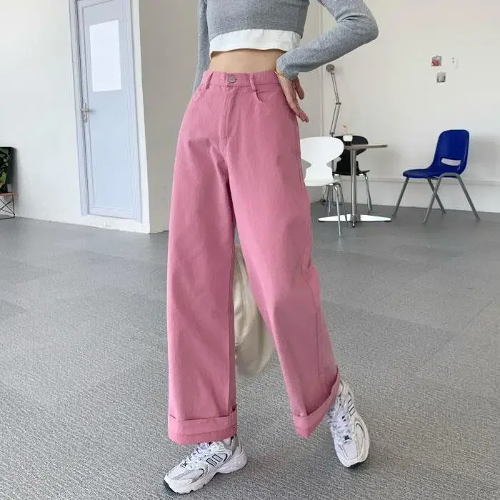 Woman Jeans Pants Jeans Women's Autumn Pink High Waist Straight Loose Pants Pantalones Vaqueros Mujer