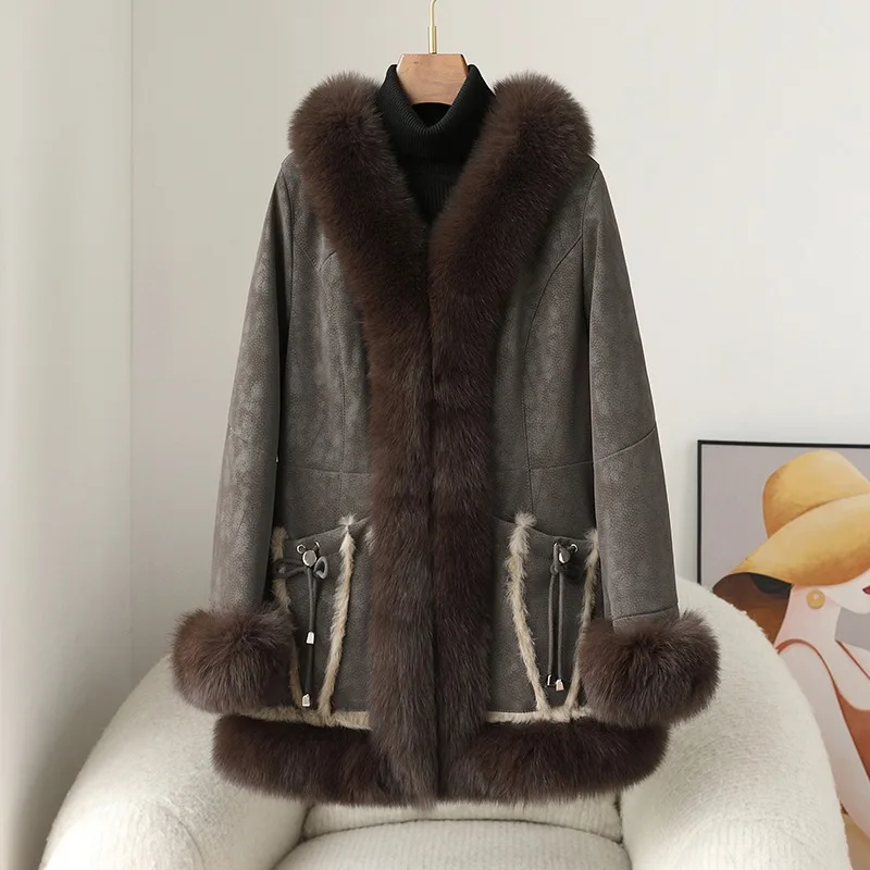 2024 Winter New Fox Fur Collar Mid-length Warm Fashion Coat Female Rabbit Fur Slim Luxury Jacket Parka JT455