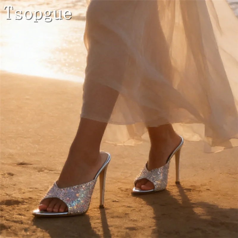 

Luxury Crystal Rhinestone High Heel Mules Women Open Toe Stiletto Slide Sandals Sexy Glitter Party Wedding Prom Dress Shoes