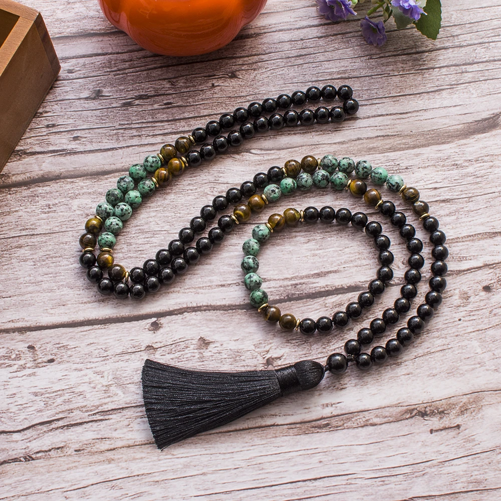 8mm African Turquoise Black Onyx Tiger Eye Beaded 108 Mala Prayer Necklace Meditation Jewelry Japamala Set for Men and Women