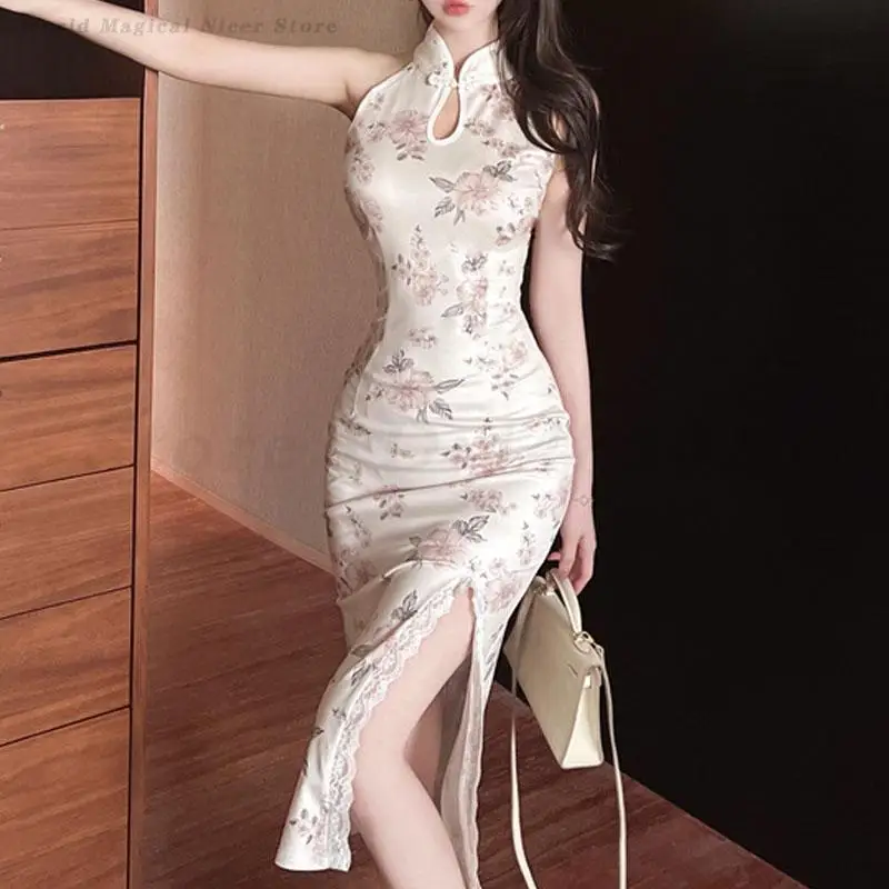 

New Chinese Style Improved Qipao Long Lace Slit Dress Sexy Sleeveless Slim Cheongsam Traditional Oriental Print Vestidos