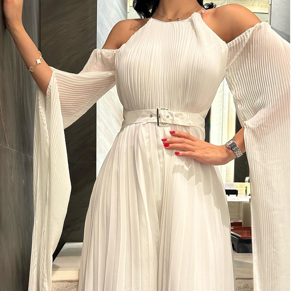 Customized Jersey A-Line Off the Shoulder Sashes Evening Dress O-neck Long Sleeves Floor Length Watteau Train White Modern