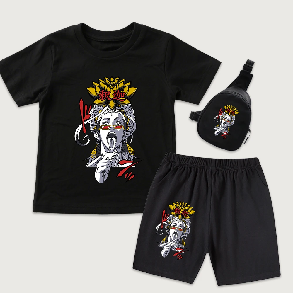Record of Ragnarok Buddha Anime Print Kids Cotton T Shirt and Shorts Set with Mini Chest Bag for Boys Girls Daily Wear