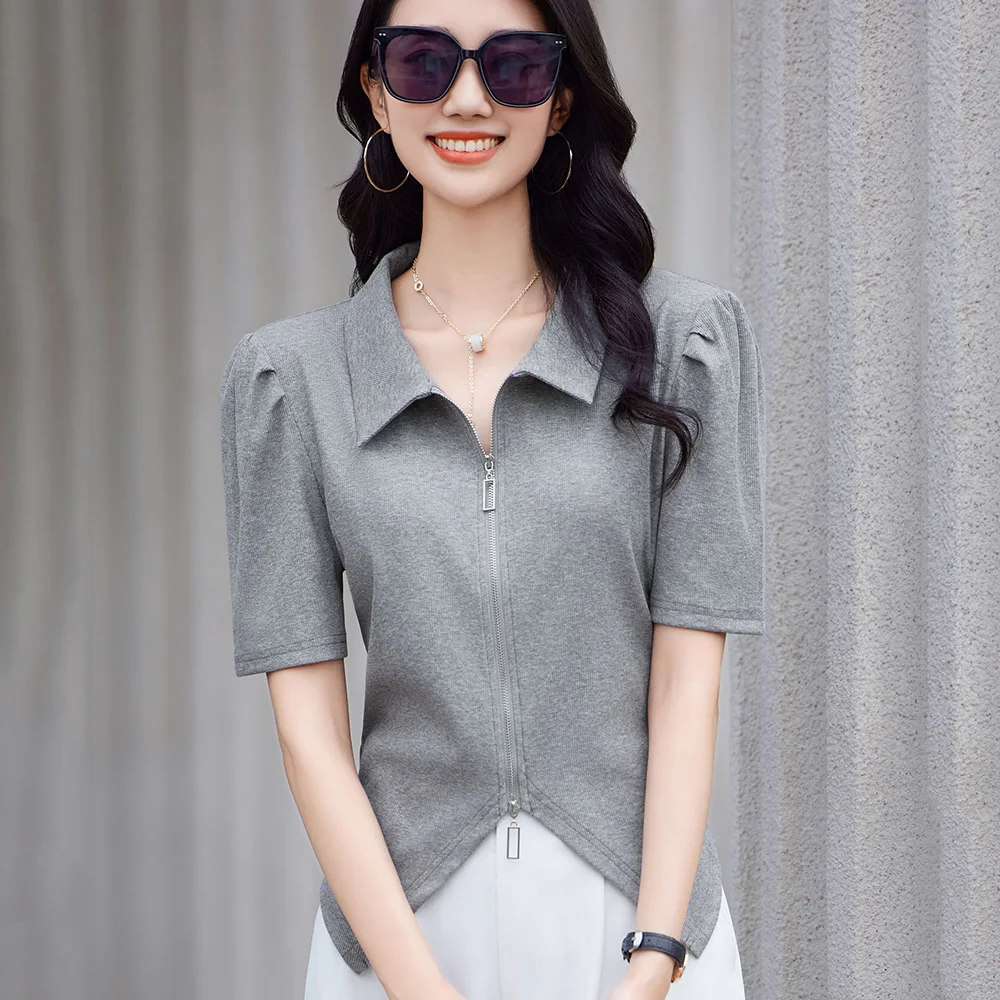 

New Women Short Sleeve T-shirt Summer Fashion Puff Sleeve Zip-up Slim Waist Design Tees Simplicity Casual Polo T-shirt Female