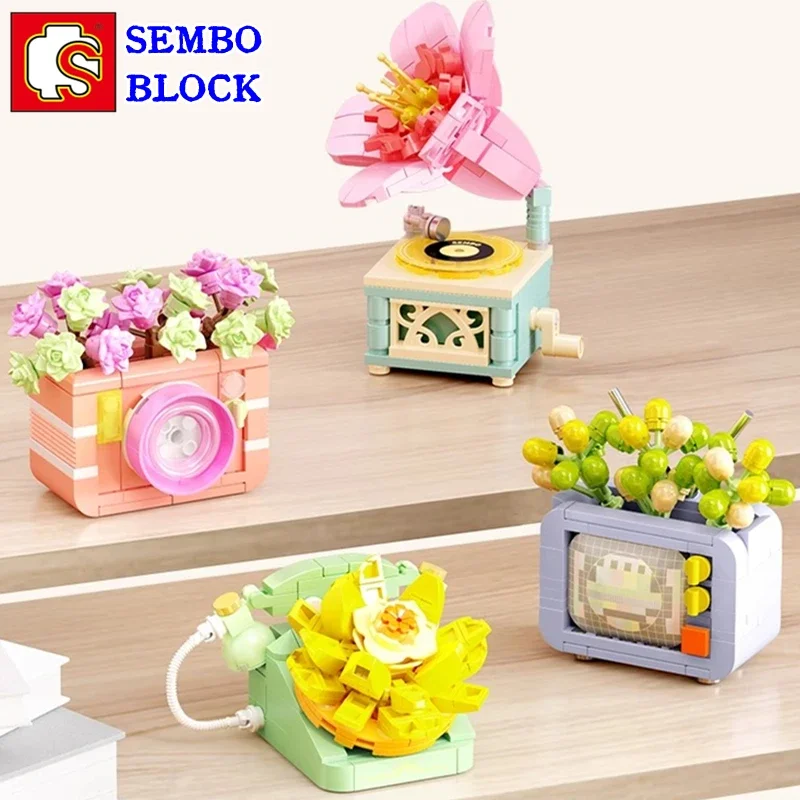 SEMBO Retro Home Appliances Building Blocks Succulent Plant Pot Model Desktop Ornaments Kawaii Children's Toys Birthday Gifts