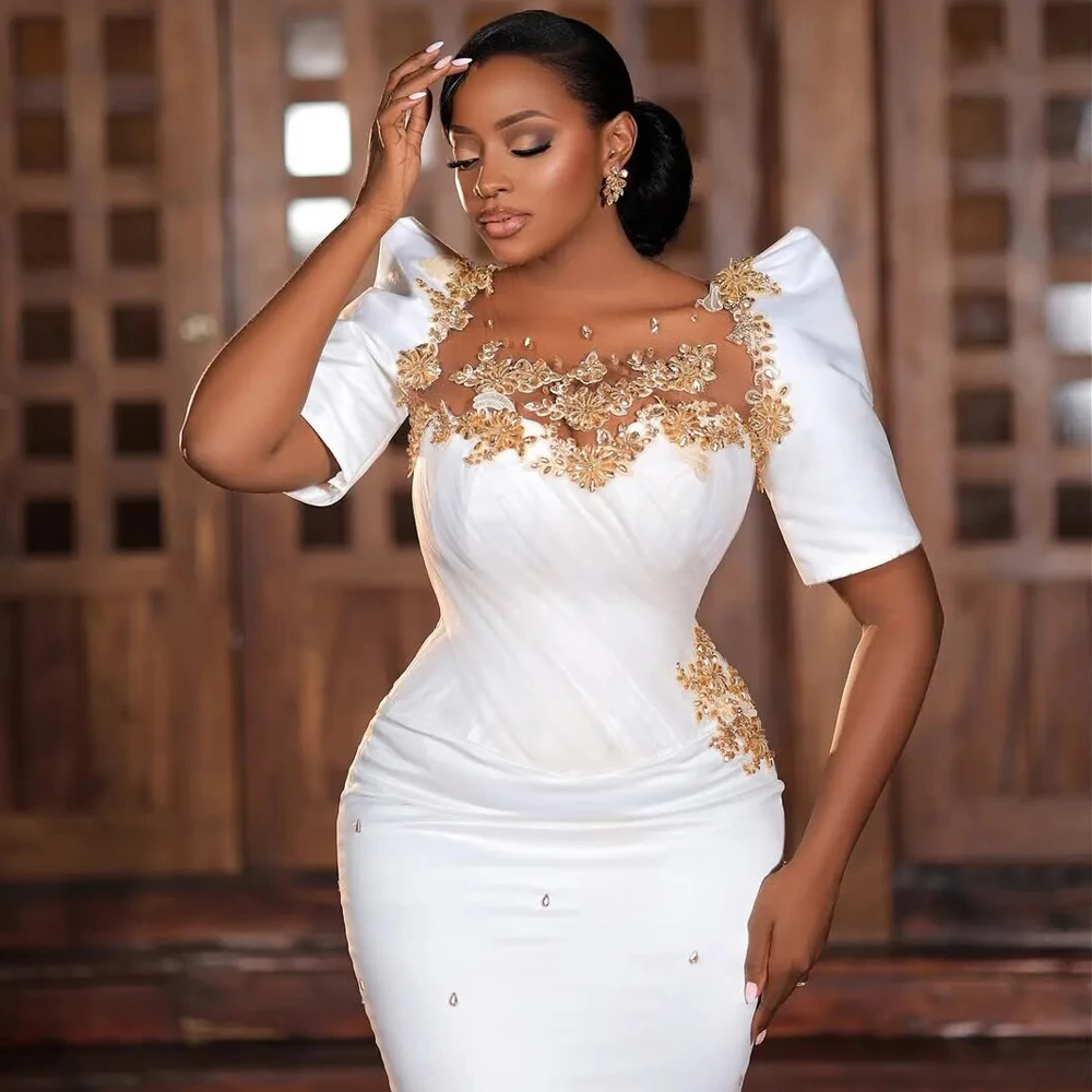 Customized Rhinestone Straight Wedding Dress for Bride Illusion Neckline Short Sleeve Engagement Dresses White vestidos de novia