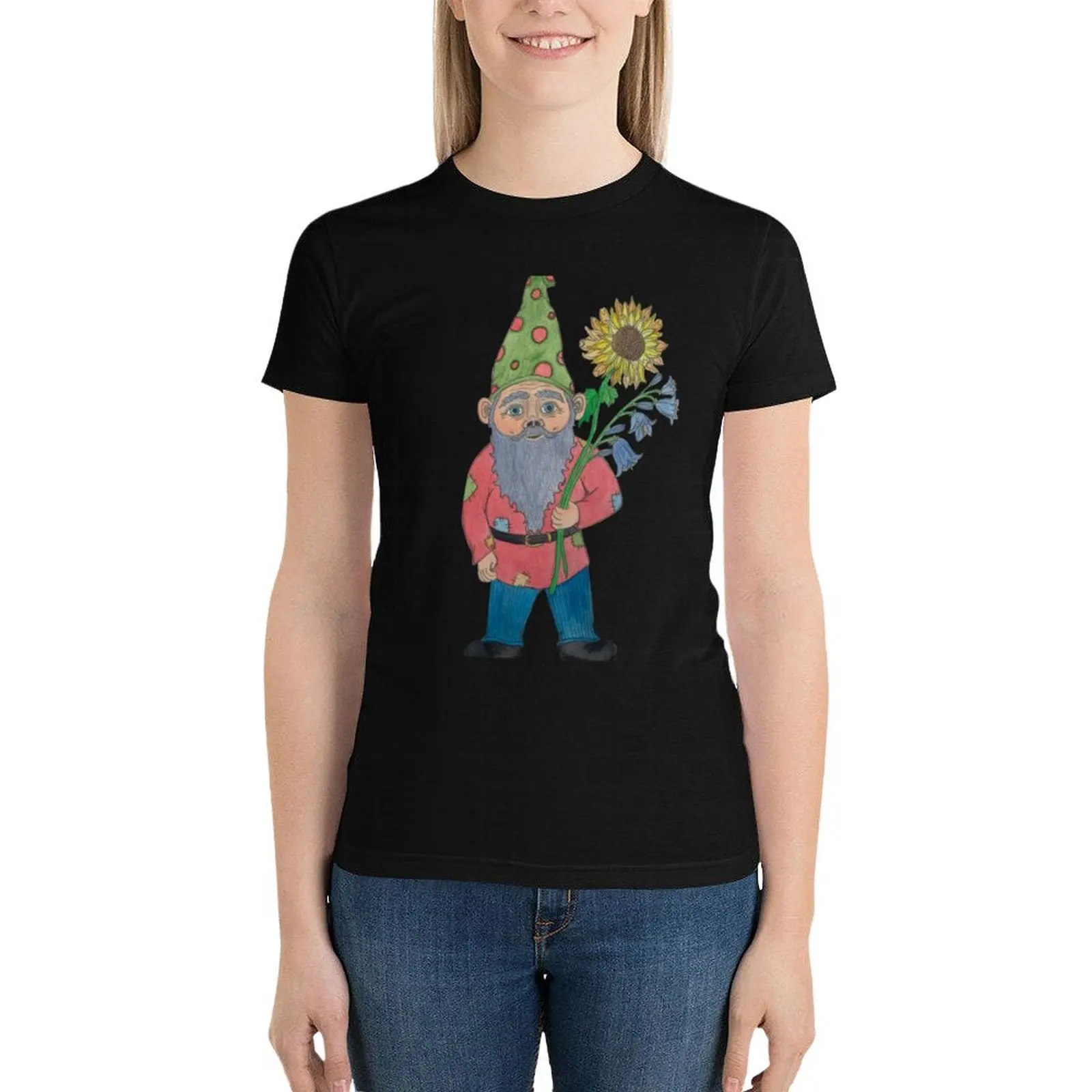 Gnome With Flowers T-Shirt funny summer top cropped t shirts for Women