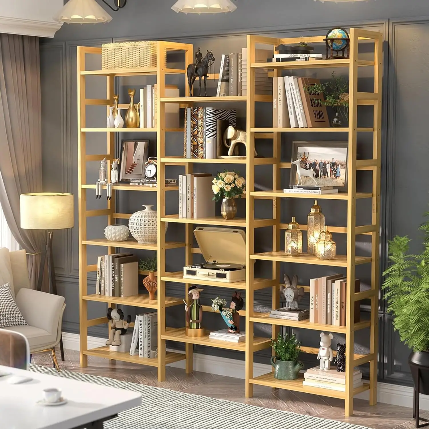 Bamboo 6-Tier Triple Wide Bookshelf With 17 Shelves, 61 Inch, Customized