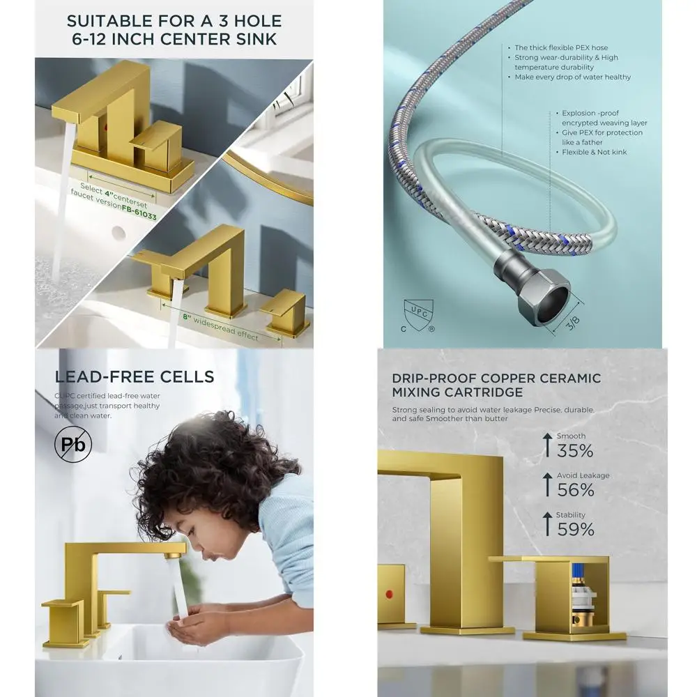 

24 2-Handle Square Brushed Gold Widespread Bathroom Faucet with Metal Drain and CUPC Supply Lines for Vanity Sinks