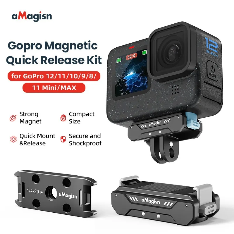 

aMagisn Magnetic Quick Release Kit for GoPro 12 11 10 9 8 Mini MAX Strong Aluminum Alloy Mount Small Portable Secure Lock