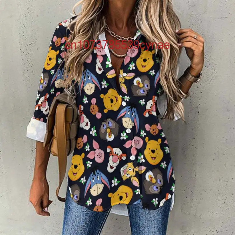 

Disney Винни Пух и друзья Блузка на пуговицах с длинными рукавами Повседневная повседневная одежда Уличная мода в гавайском стиле Летняя новинка