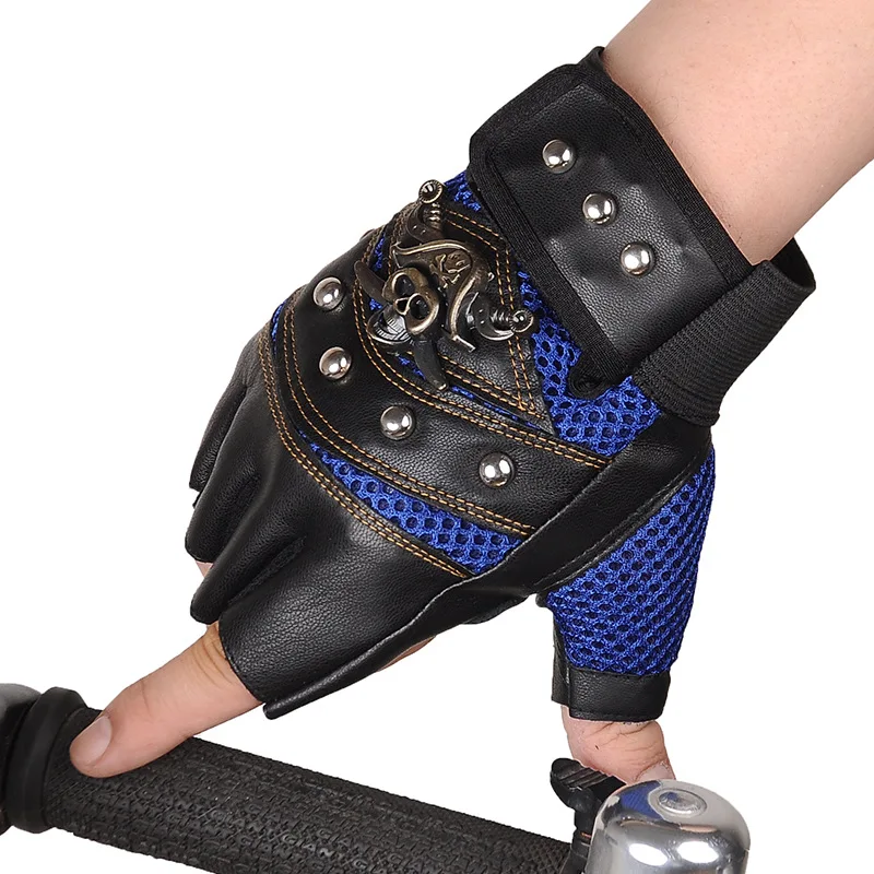 Pirat Captain PU Leather Fingerless Gloves Men Women Skulls Rivet Mitts Hip Hop Gym Gloves Female Moto Half Finger Gloves