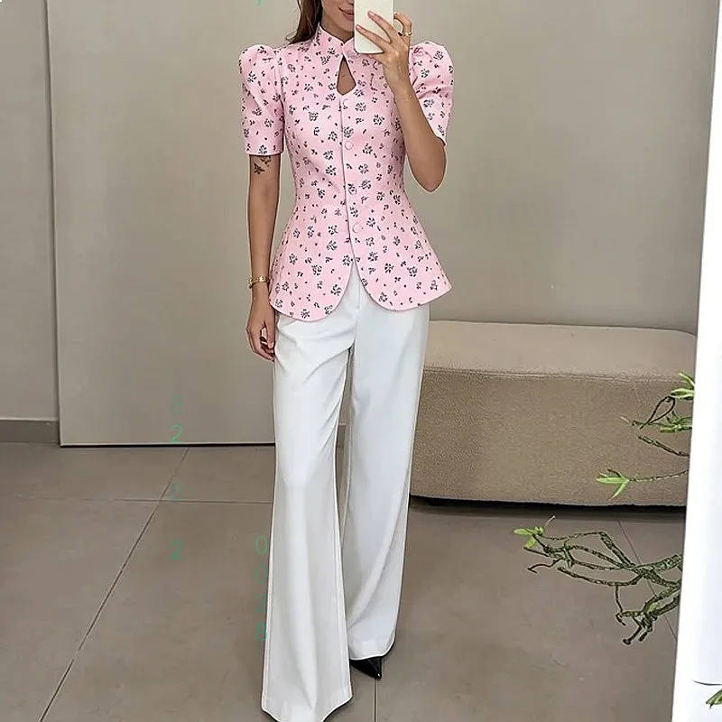 Spring Summer Printed Single Breasted Stand Collar Blouse Tops Shirts Casual Women