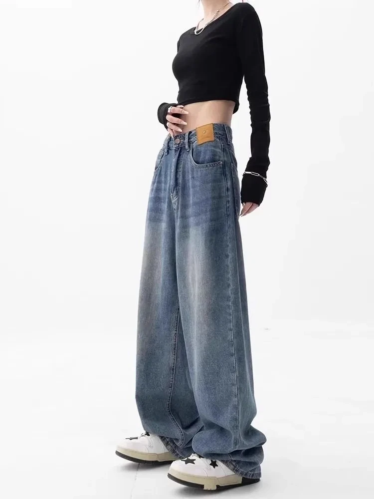 Women's High Waist Wide Leg Jeans American Retro Loose Fitting Slimming Drapey Straight Long Pants Women's Jeans Y2K