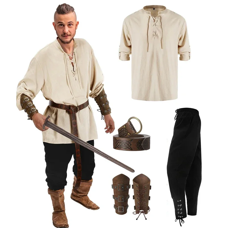 Herren 4-teiliges Mittelalterliches Renaissance-Kostüm-Set Piratenhemd Knöchelbündige Hose Wikinger-Gürtel Zubehör Auf Lager