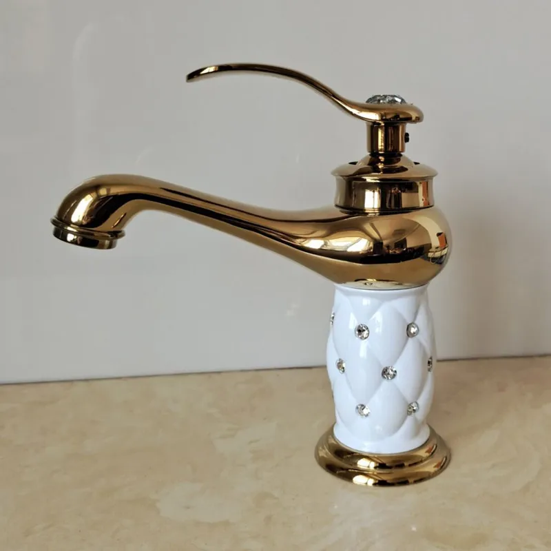 

1pc Europe Gold Basin Single handle Faucets Bathroom Sink Faucet Diamond Water Mixer Crane Hot Cold Chrome Bath Brass Mixer Tap