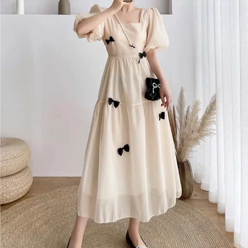 Short Sleeve Midi Dress Women Bow Elegant Spring Temper Aesthetic Gentle Vintage Sweet Transparent Square Collar French Style