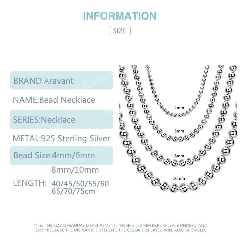Unisex 925 Silver Bead Chain Necklace, Multiple Sizes
