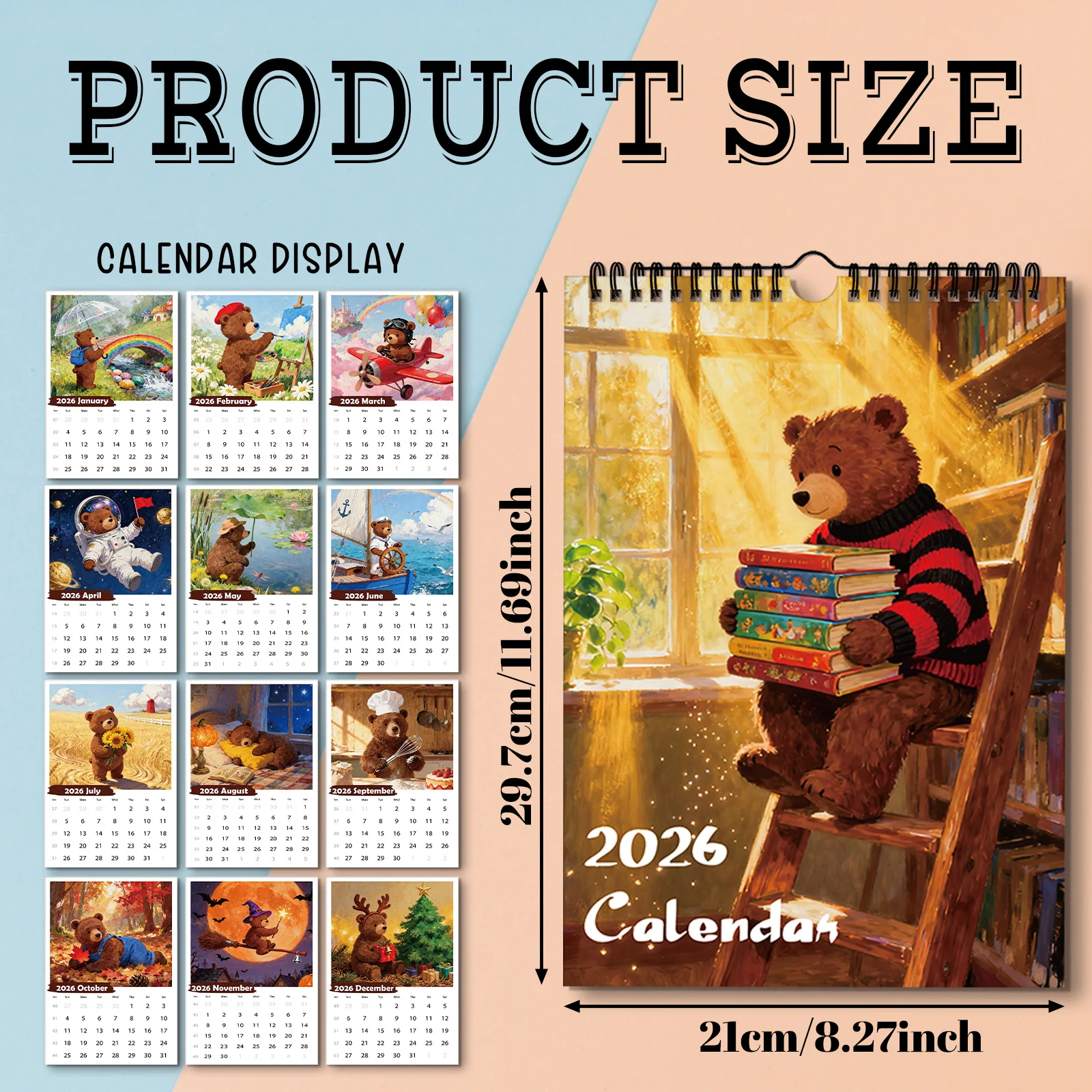 1 قطعة 2026 تقويم حائط شهري على شكل دب مضحك ، مقاس A4 ، مع 12 أنماط رائعة ، مخطط ديكور ، هدية مثالية لعيد الميلاد والعام الجديد
