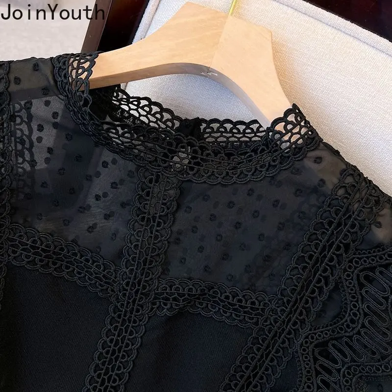 Oversized Shirts Women 2023 Blusas Mujer De Moda Patchwork Chiffon Polka Dot Blouses Sweet Lace See Throught Black Blouse Tops