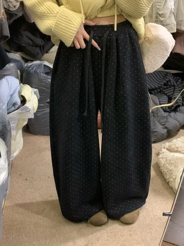 

Slimming Plaid Fleece Wide Leg Pants Women's Loose Straight Casual Long Trousers High Waist Commute Style Winter Collection