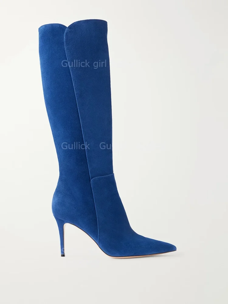 Blue Suede Knee High Boots 2026 Autumn Winter Trens Pointy Toe Zipper Thin High Heel Solid Handmade Women Dress Shoes