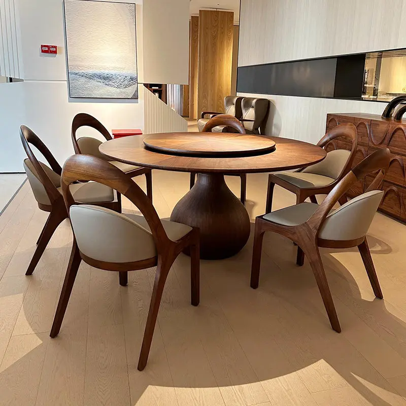 New Chinese-style North American black walnut round dining table and chair combination 2026 new high-end household turntable sol