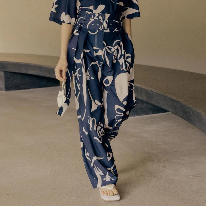 

Faionable High Waist Wide Leg Pants Korean Sle Casual Trousers Printed Design Spring Summer Ladies Commute Wear