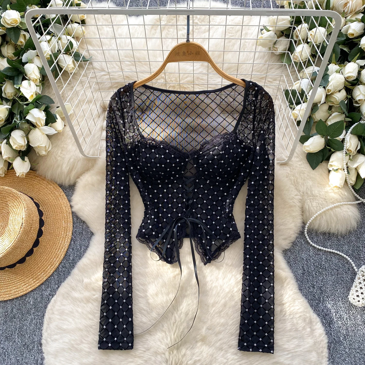 

Vintage Elegant Draw String mesh long sleeve Top Korean Streetwear High Street Autumn Basics T-Shirts