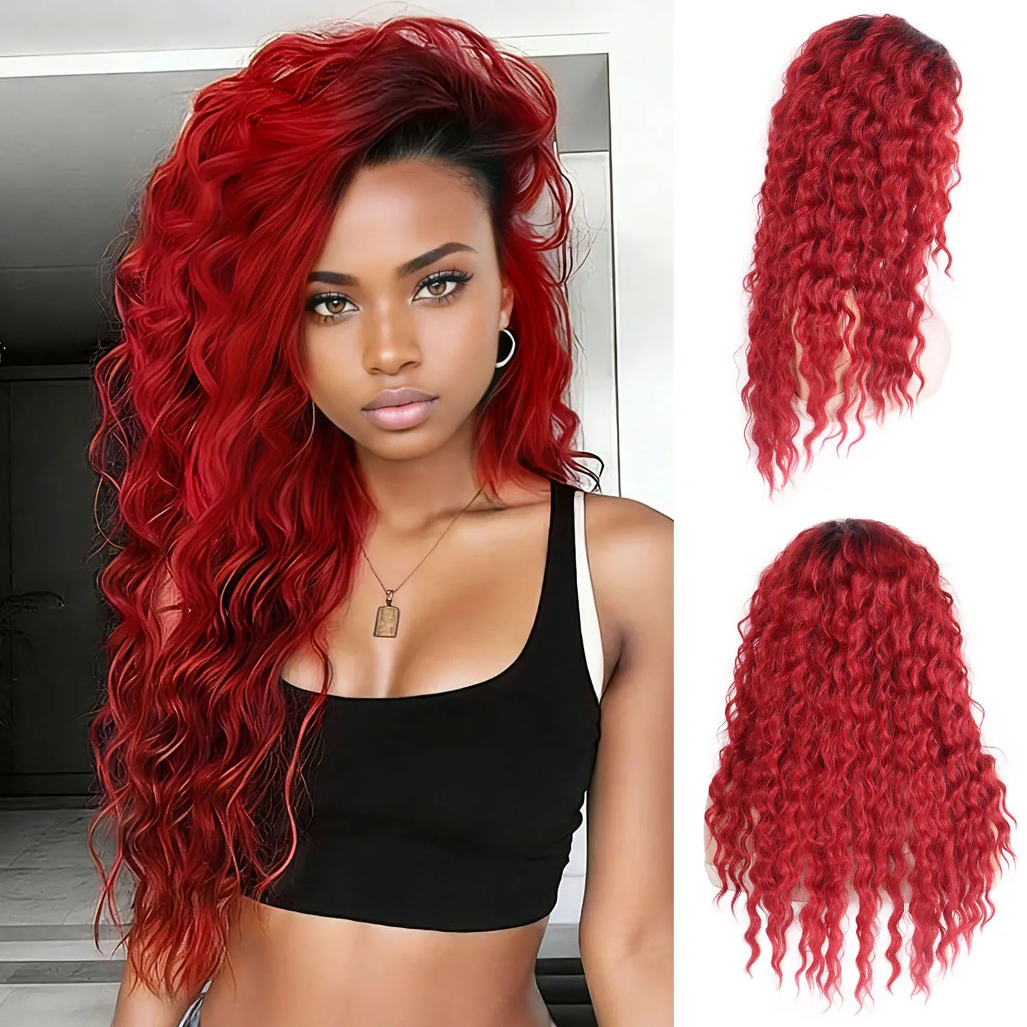 

Ombre Red Synthetic Hair Fluffy Charming Wig for Women 26 Inch Long Wave Wigs Female Water Wavy Wig Daily Costume Carnival Party