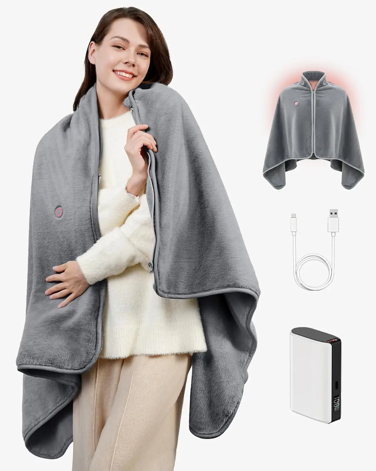 

Одеяло с USB-подогревом — беспроводное перезаряжаемое одеяло с аккумулятором, дальнее инфракрасное тепло, мягкое искусственное мех для дома, путешествий