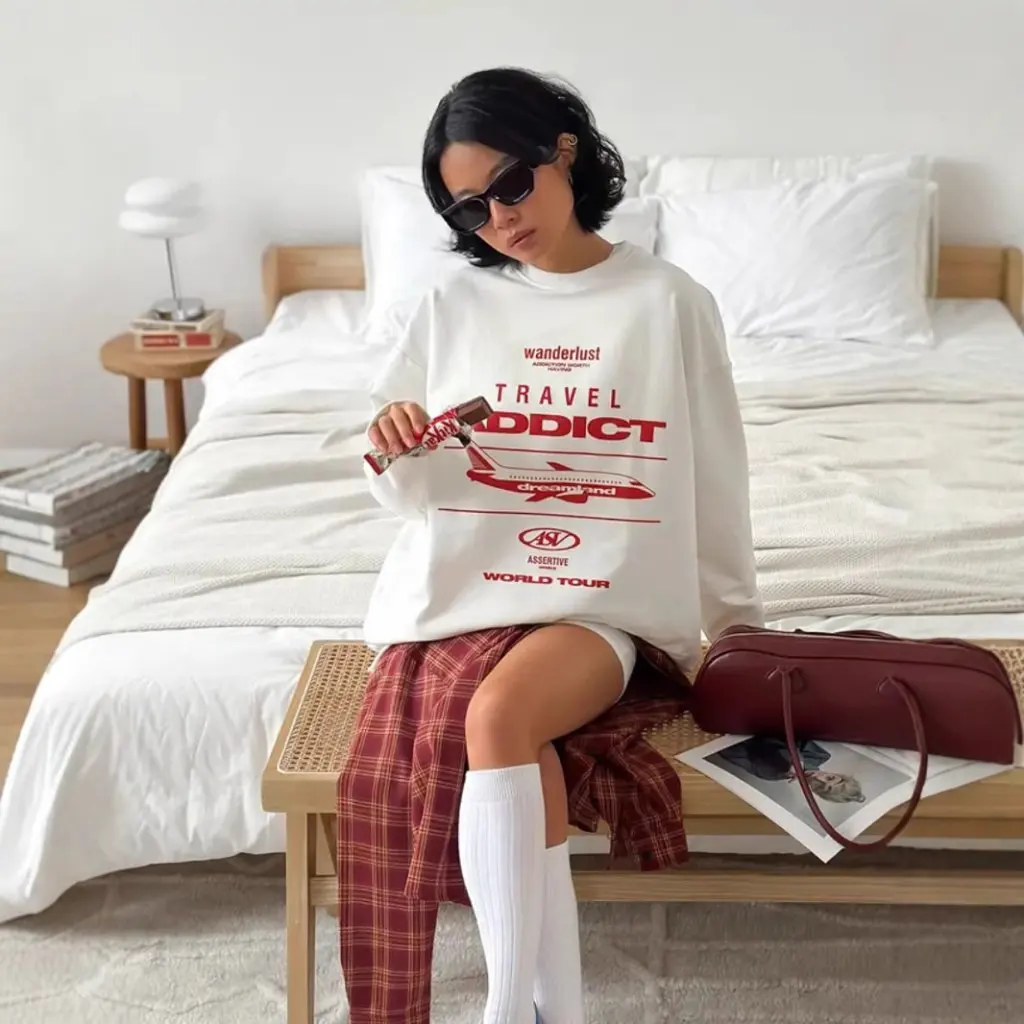 

Elegant Pure Cotton Long Sleeve T-Shirt American Style Street Personality Print Commuter Top for Women Spring Autumn Ins Style