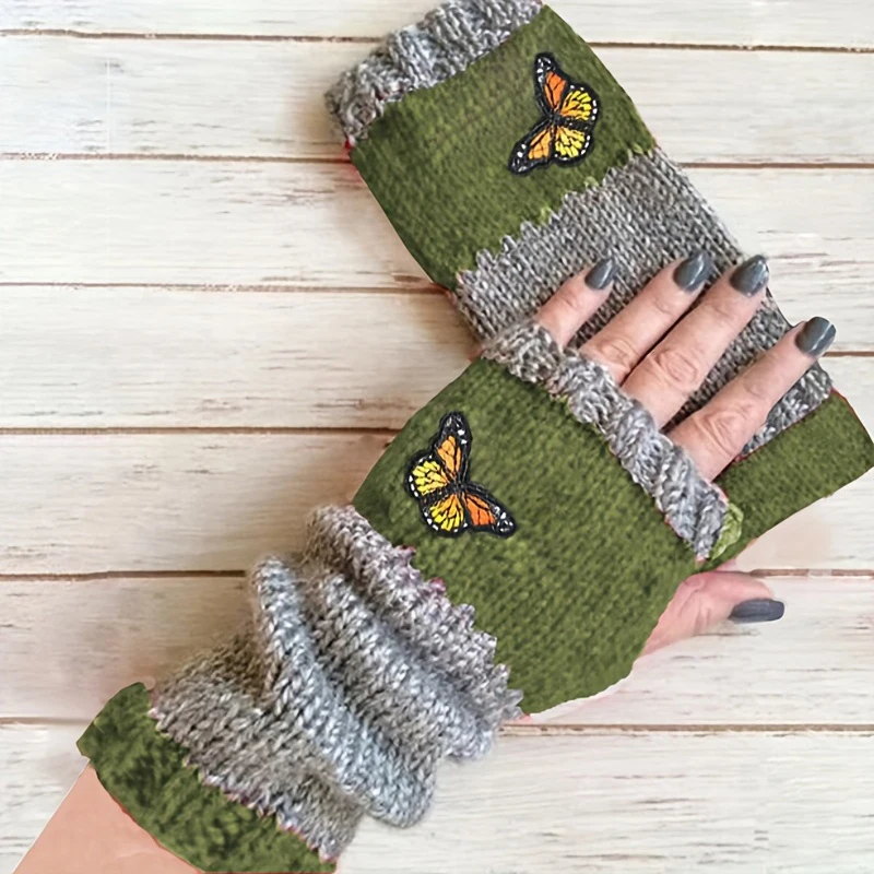 Retro Knitted Gloves For Women Butterfly Embroidery Pattern Wool Knitted Fingerless Mittens Girls Winter Gloves Christmas Gift