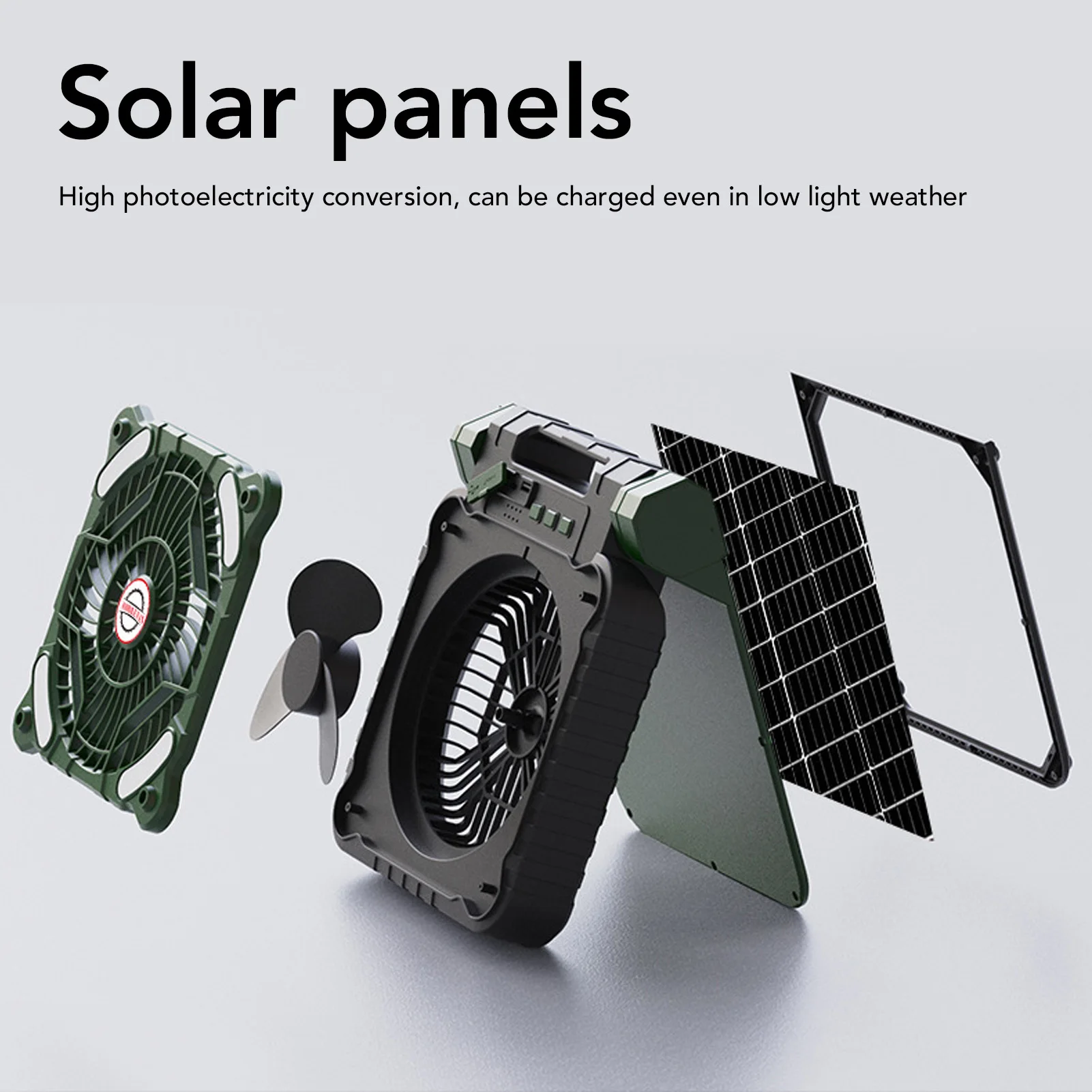 مروحة التخييم بالطاقة الشمسية من النوع C شحن محرك بدون فرشاة LED تعمل بالطاقة الشمسية مؤقت مروحة منخفض الضوضاء 4.5 متر/الثانية للأنشطة الخارجية