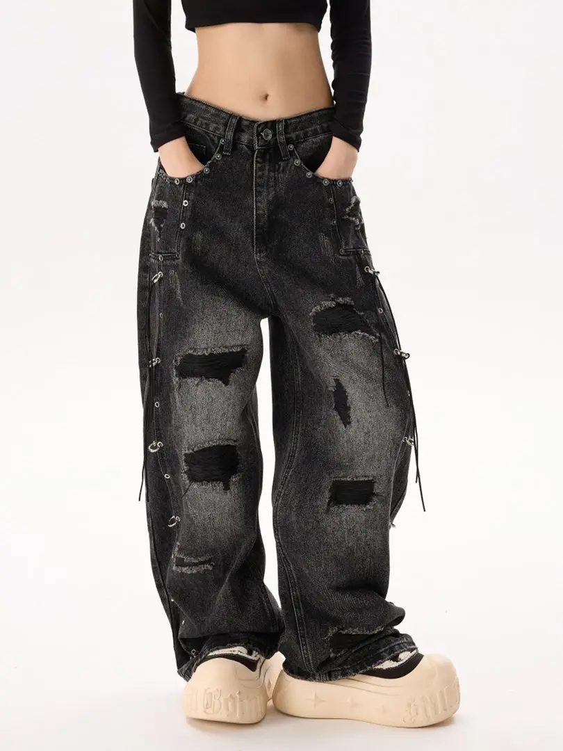 Women Cargo Black Harajuku Blue Jeans Y2K Wide Leg Baggy Punk Denim Trouser Vintage 2000s Aesthetic Emo Loose Washed Pant